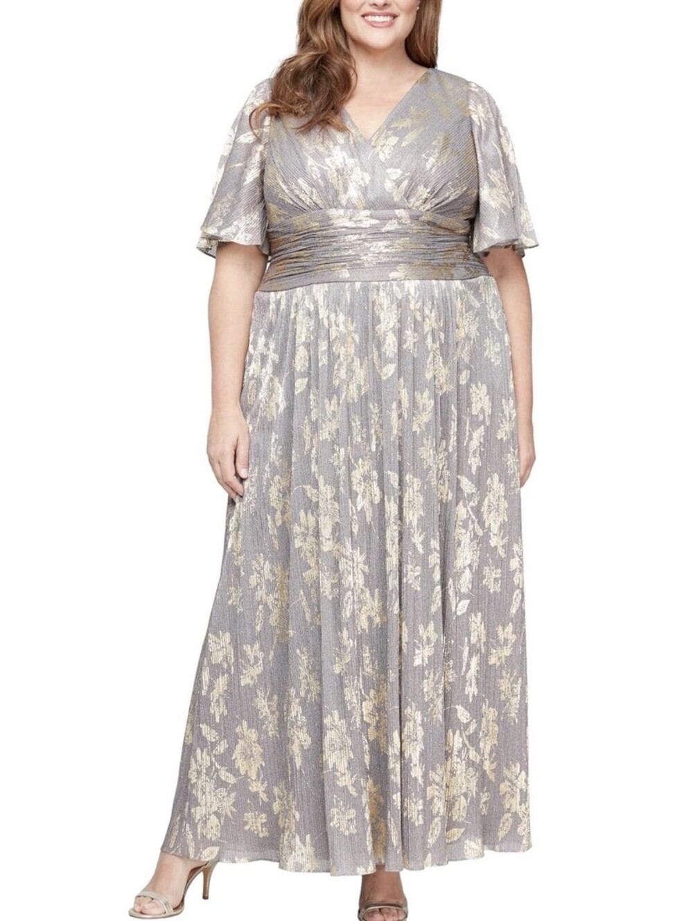 S.L. Fashions A-line Shimmer Dress Ruched Waist Size 22W Smoke/Gold NWT $150